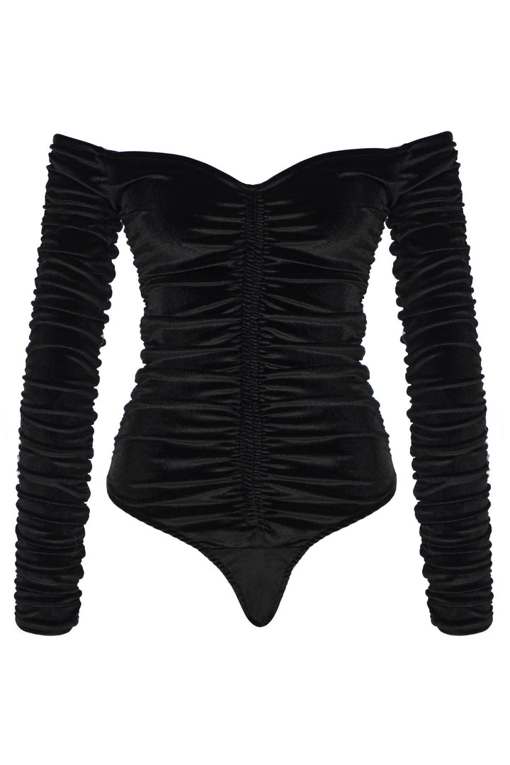 Pleated V-Neck Velvet Bodysuit Black