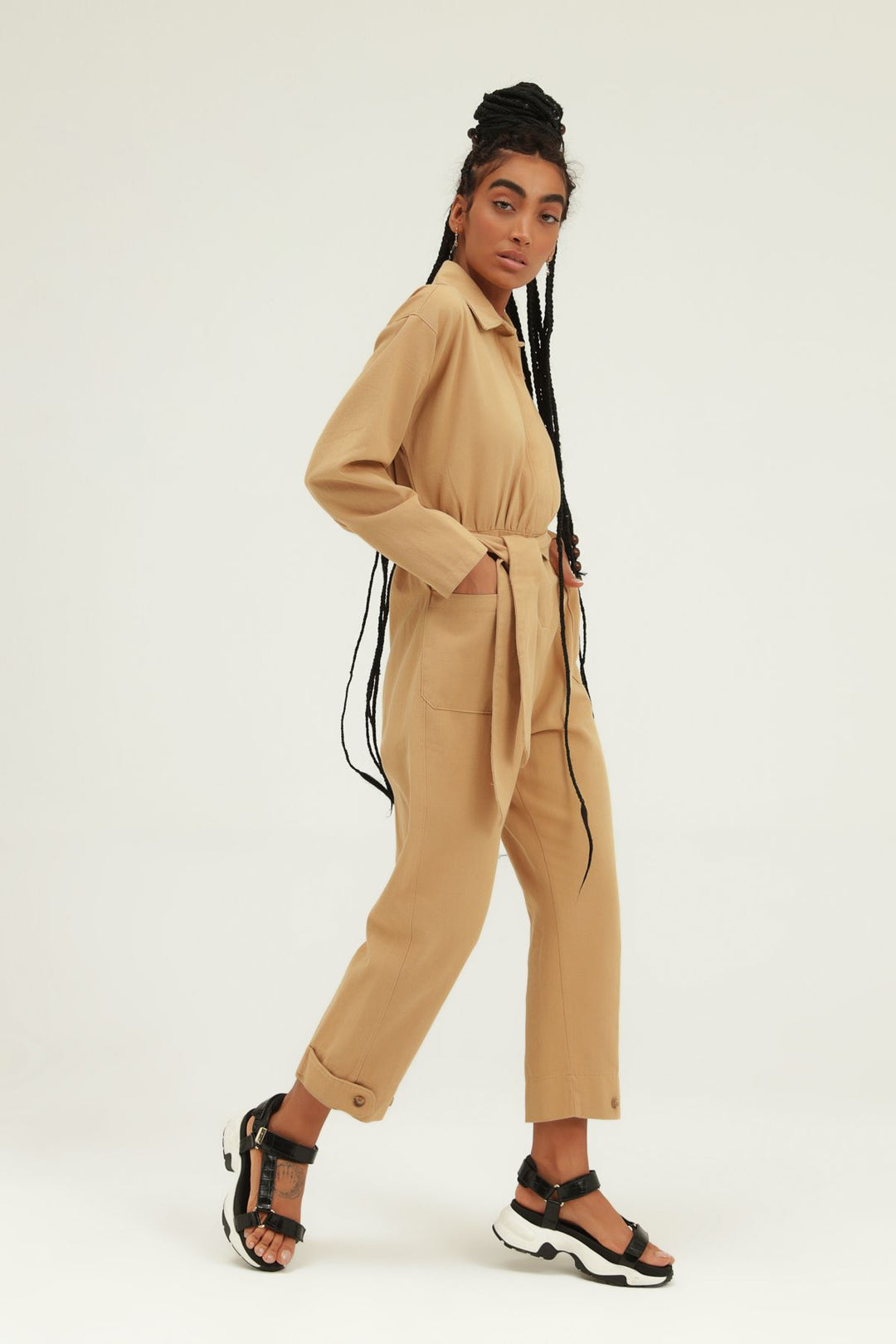 Kemerli Gömlek Yaka Tulum Camel