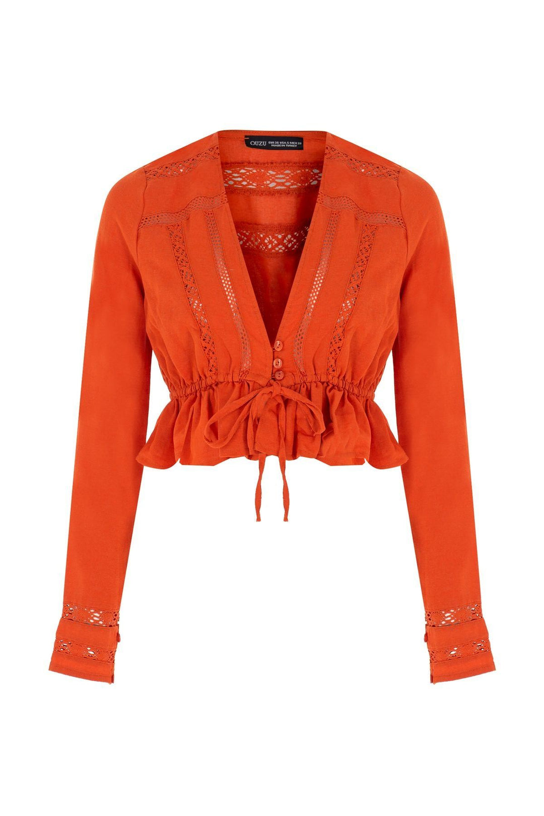 Pleated Waist V Neck Linen Blouse Orange