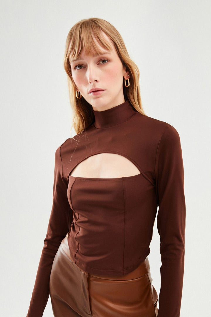 Cut Out Judge Collar Blouse Dark Brown