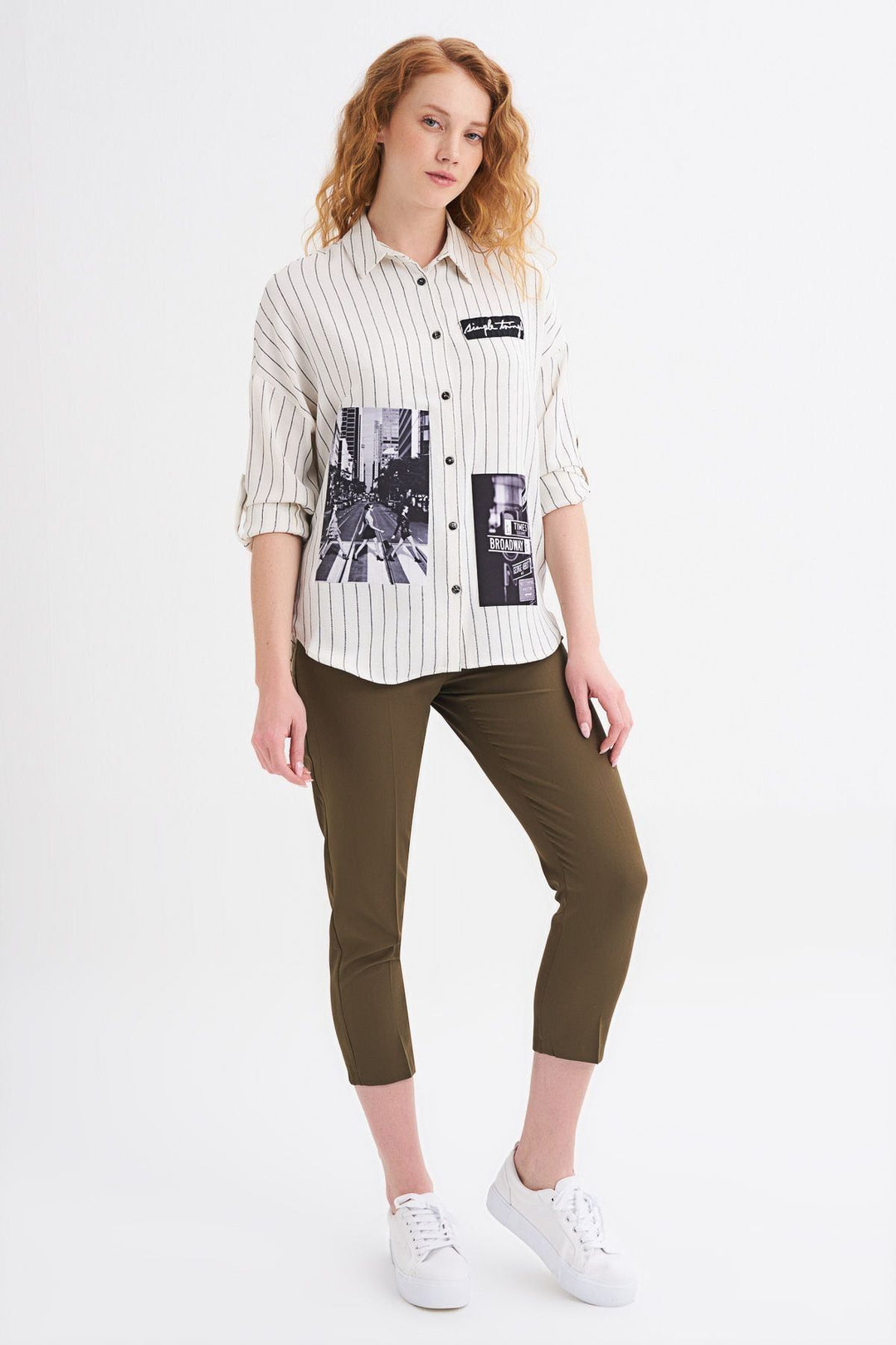 Nakış Detaylı Baskılı Çizgili Gömlek Ekru