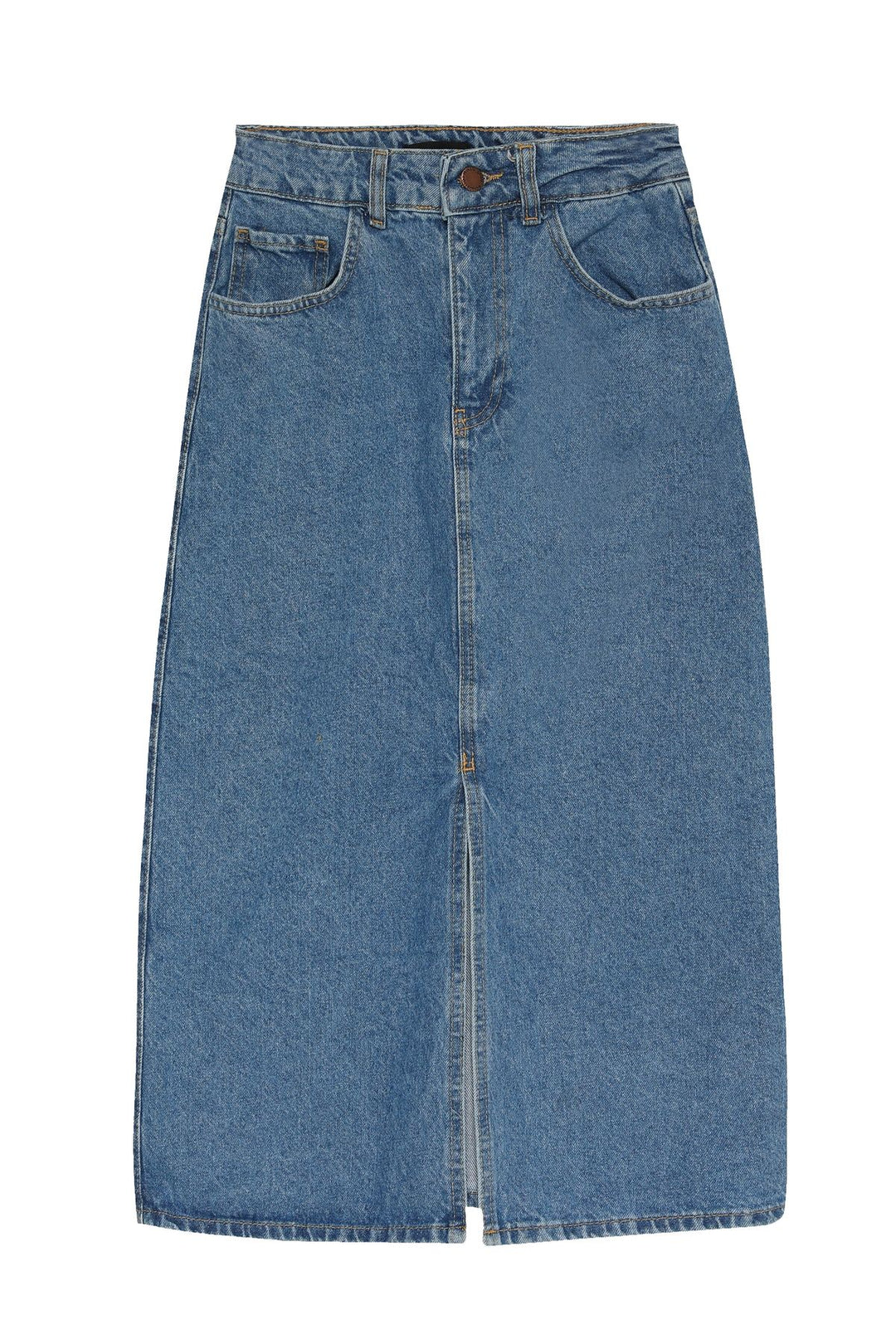 Önden Yırtmaçlı Midi Boy Kot Etek Mavi