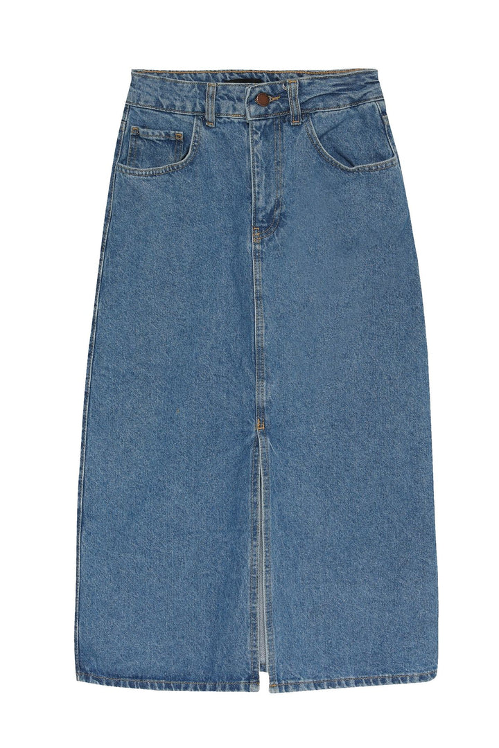 Önden Yırtmaçlı Midi Boy Kot Etek Mavi