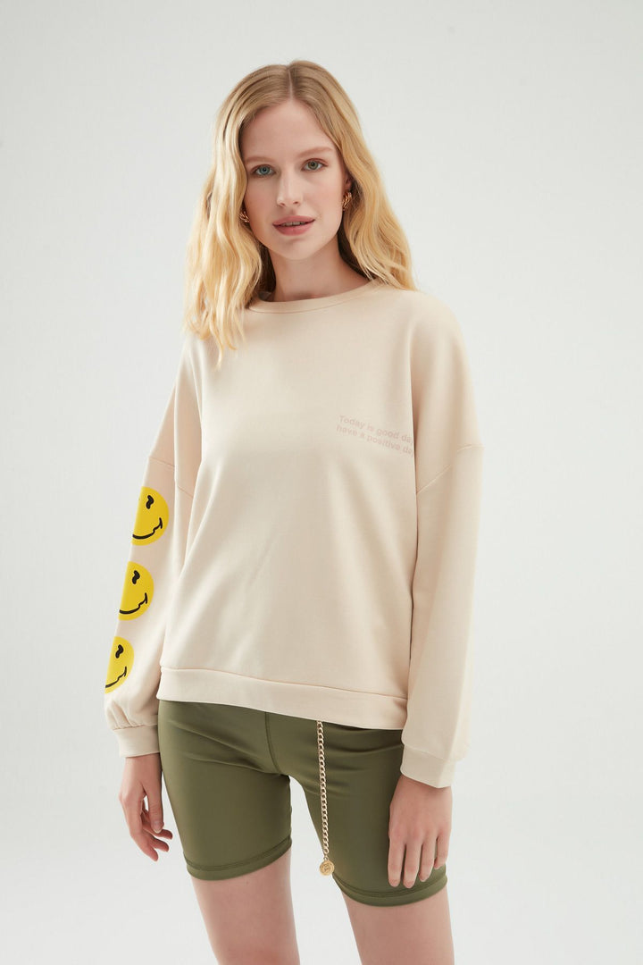 Arkası Baskılı Sweatshirt Bej