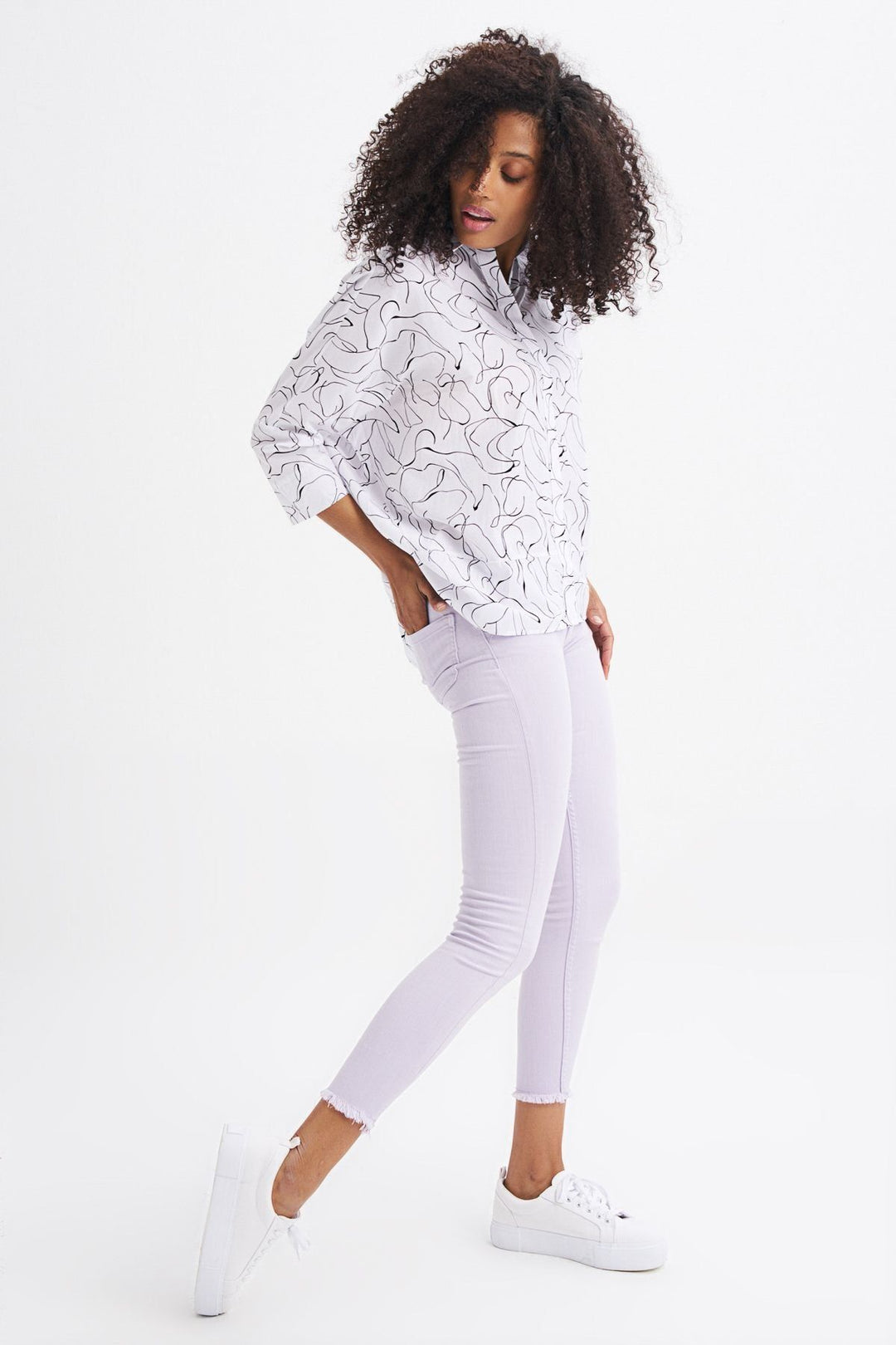 Bat Sleeve Line Printed Shirt Ecru