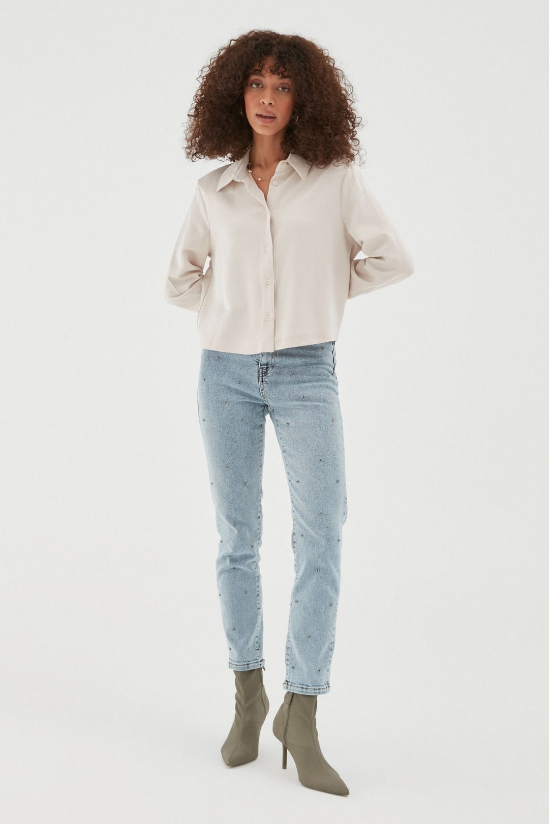 Satin Shirt with Wadding Sleeves Stone