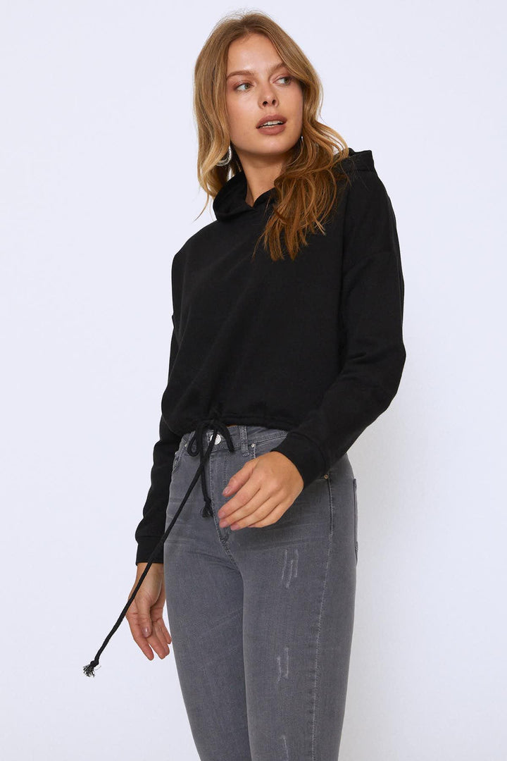 Kapüşonlu Beli Bağcıklı Sweatshirt Siyah