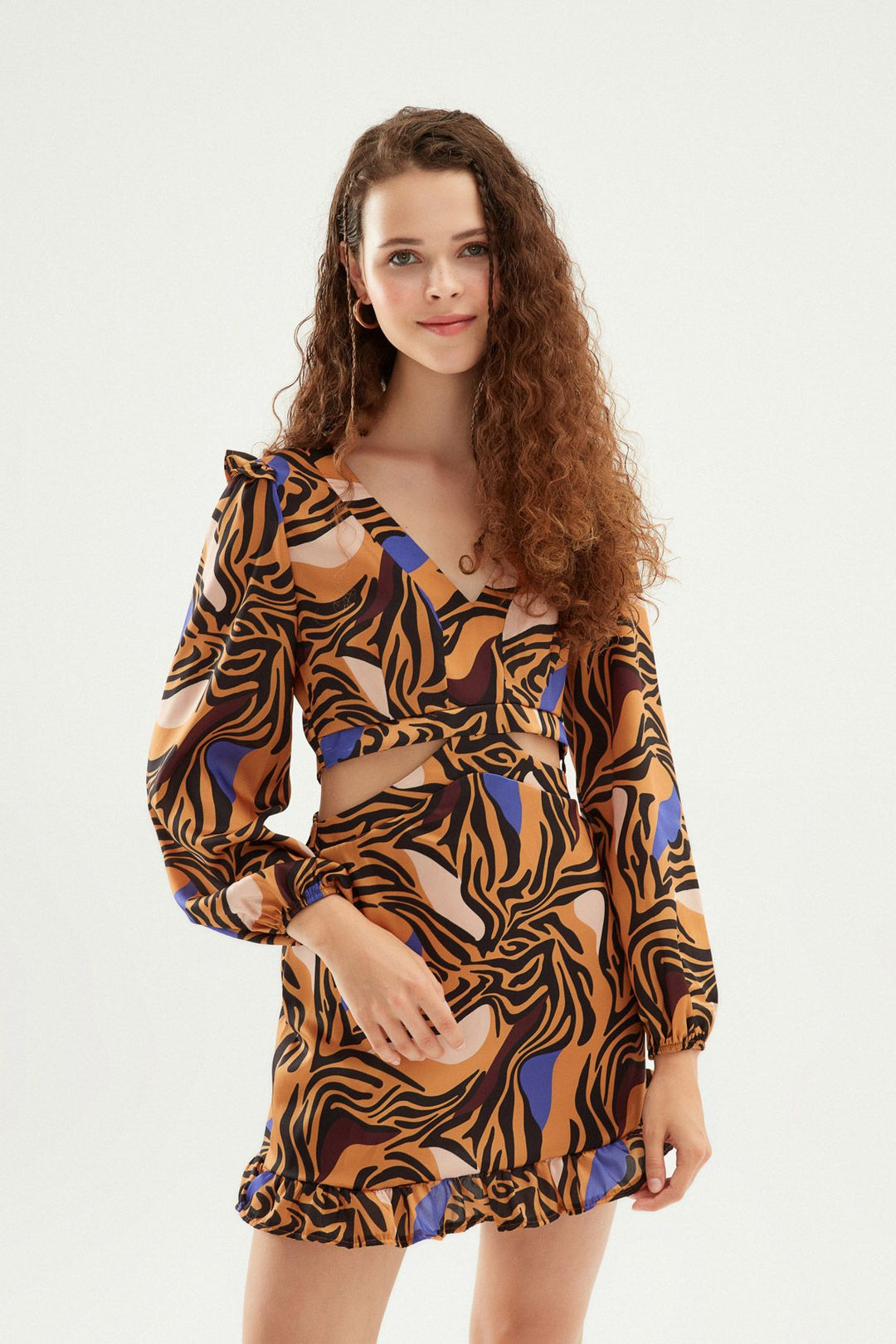 Patterned Cut Out Mini Dress Brown