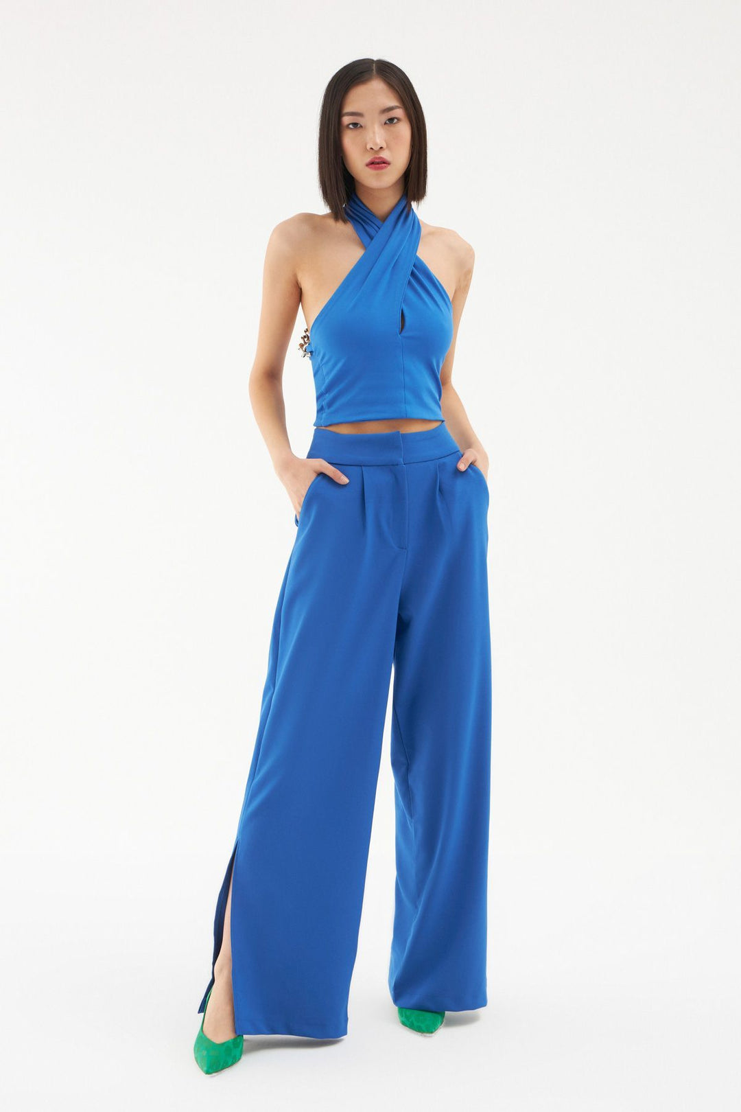 Slit Detailed Wide Leg Trousers Sax