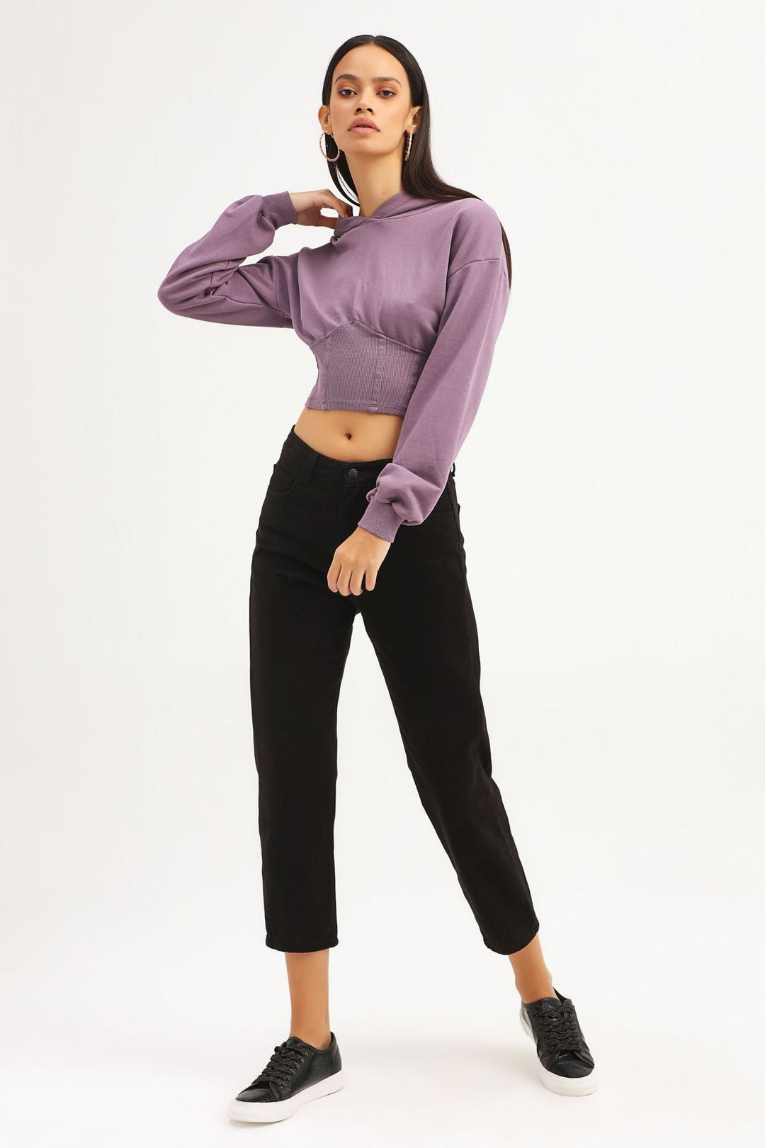 Kapüşonlu Crop Sweatshirt Koyu Lila