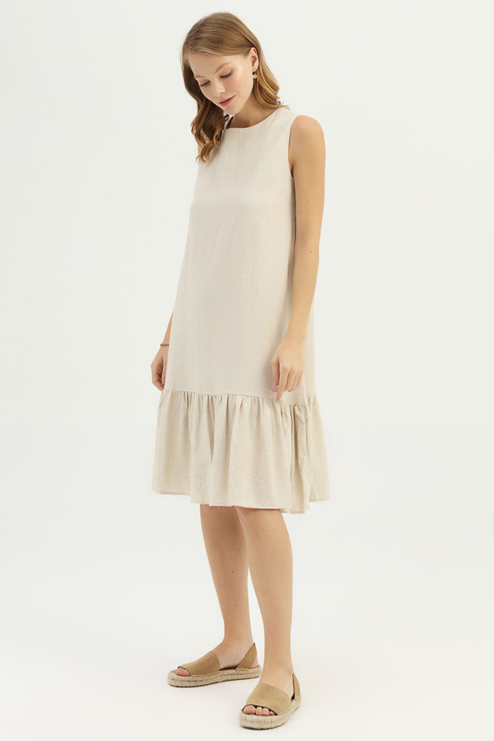 Frilly Hem Linen Dress Natural