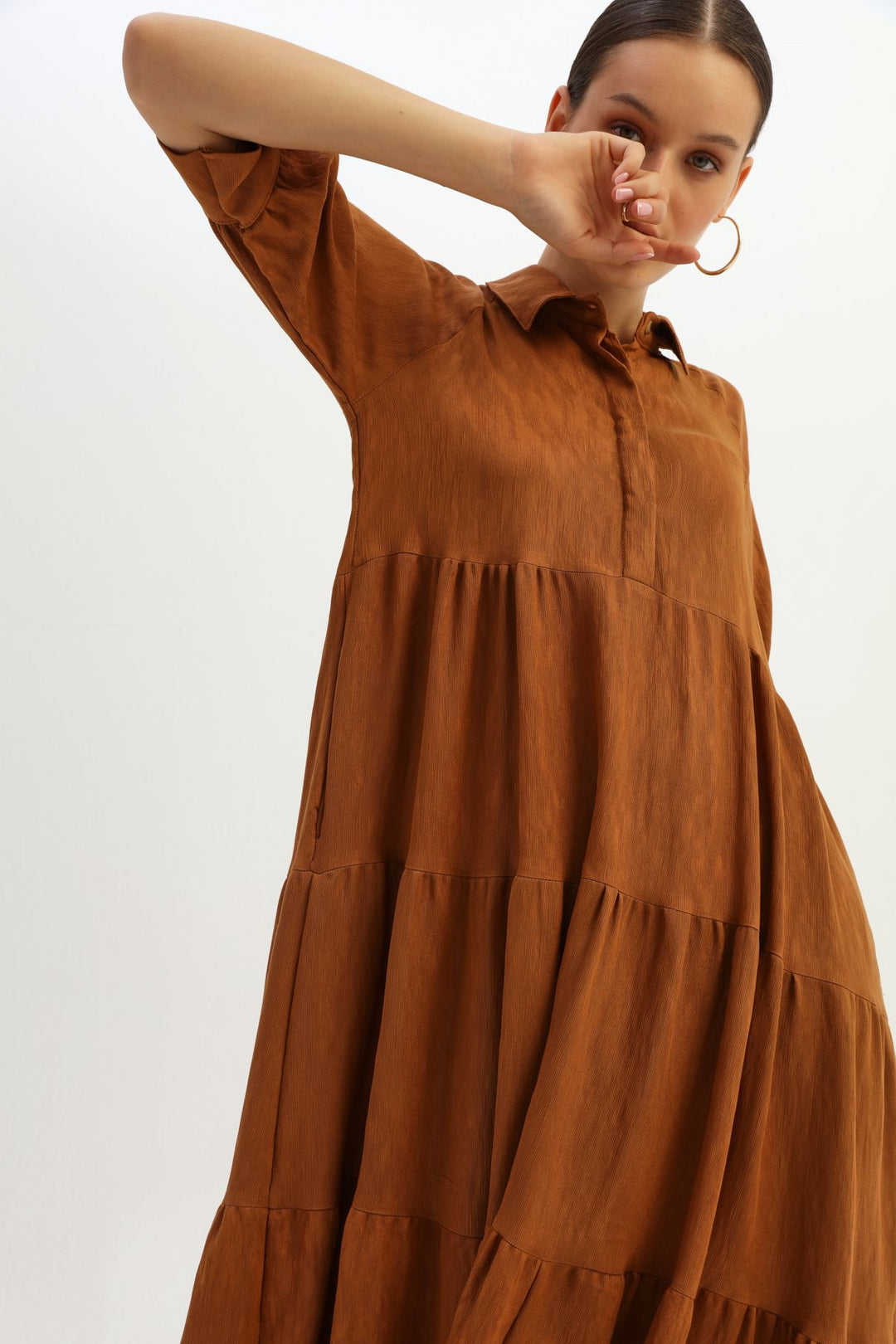 Shirt Collar Raglan Sleeve Dress Brown