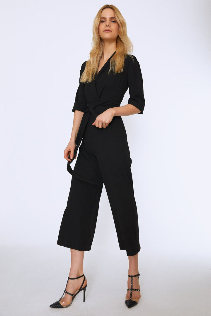 Kuşaklı Kruvaze Tulum Siyah