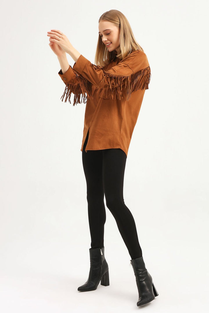 Püsküllü Süet Gömlek Taba