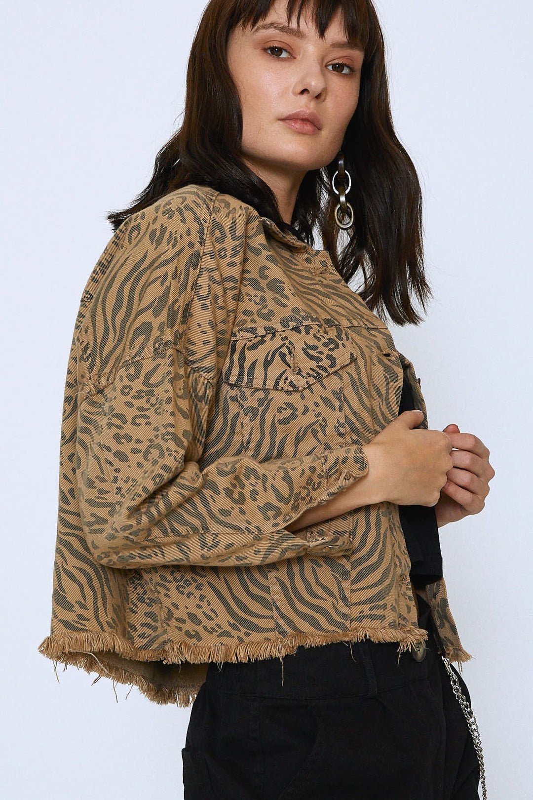Leopard Patterned Tasseled Gabardine Denim Jacket Camel