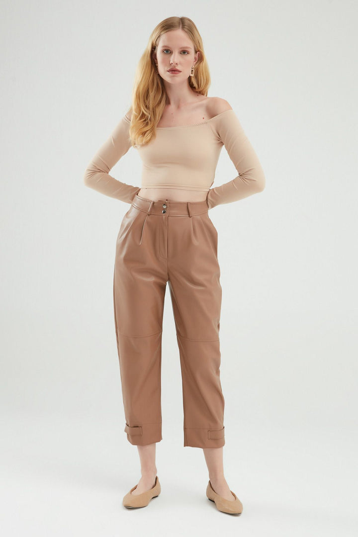 Leather Jogger Camel With Snap Legs