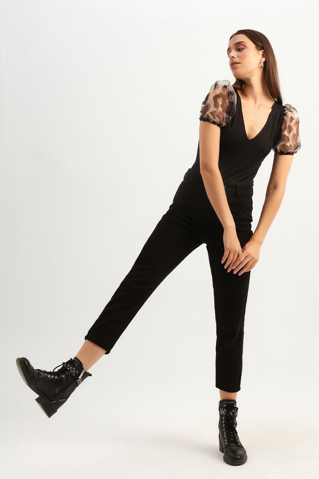 Balloon Sleeve V Neck Bodysuit Black