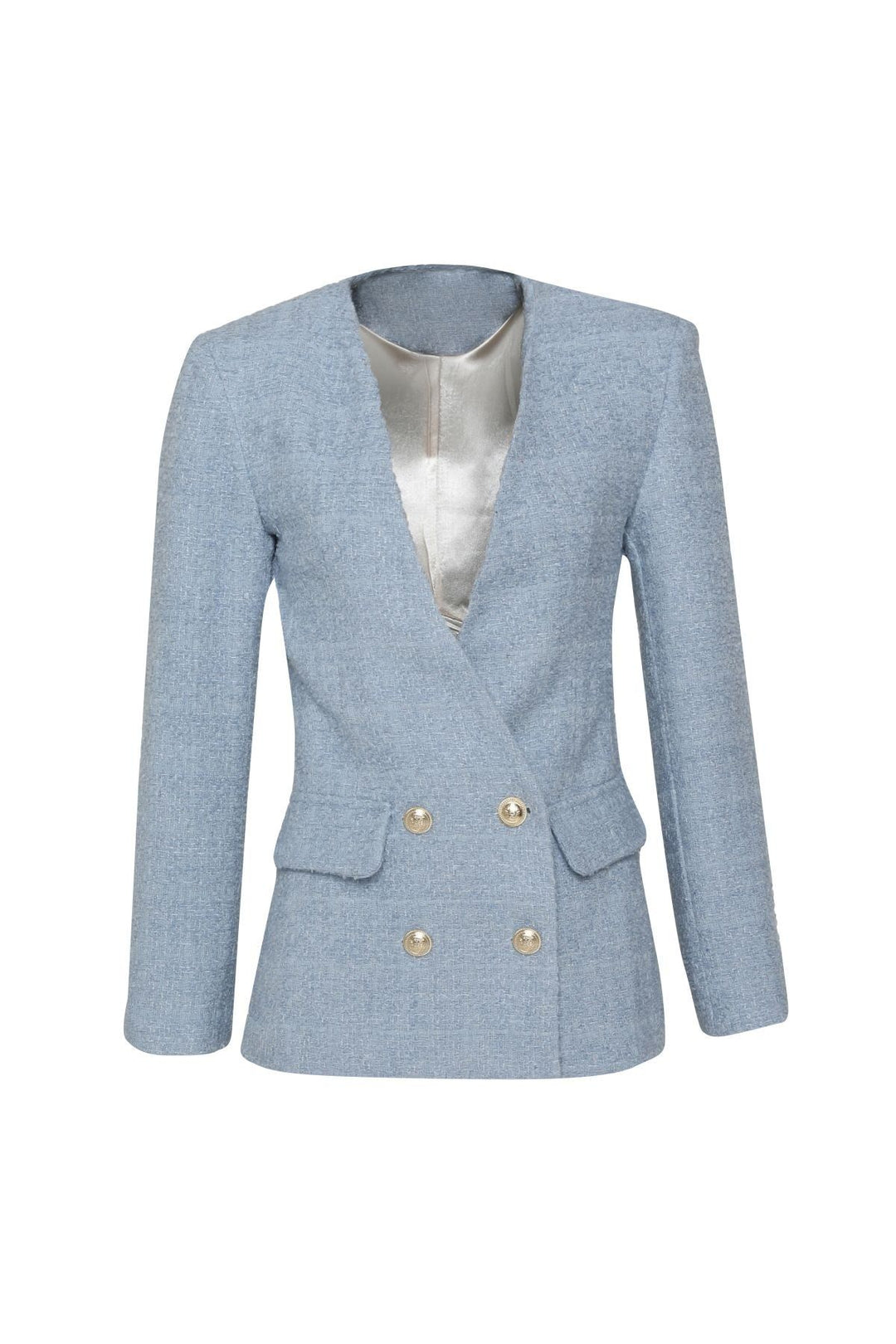 Double Breasted Tweed Blazer Jacket Blue