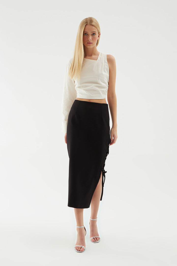 Tie Tie Detailed Midi Skirt Black