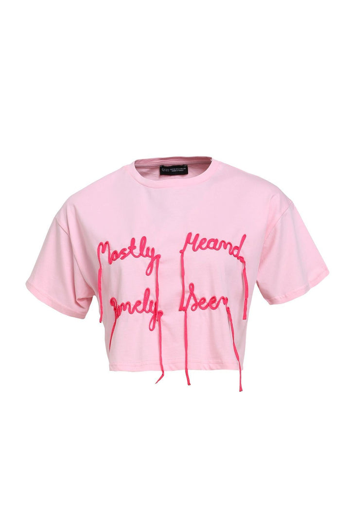 Embroidery Detailed Crop T-Shirt Pink