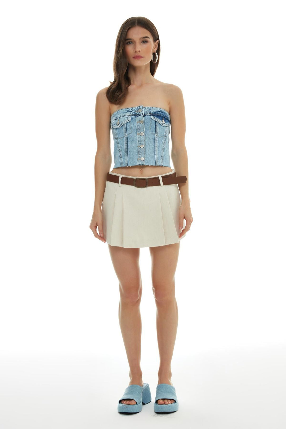 Belt Accessory Pleated Short Skirt Natural