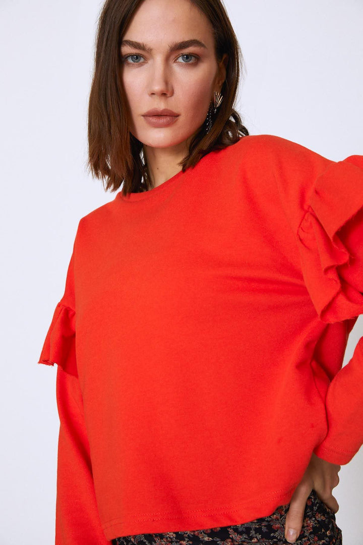 Crew Neck Sleeves Frilly Sweatshirt Orange