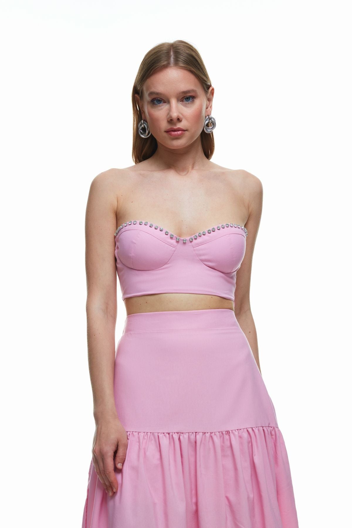 Stone Accessory Strapless Crop Blouse Pink