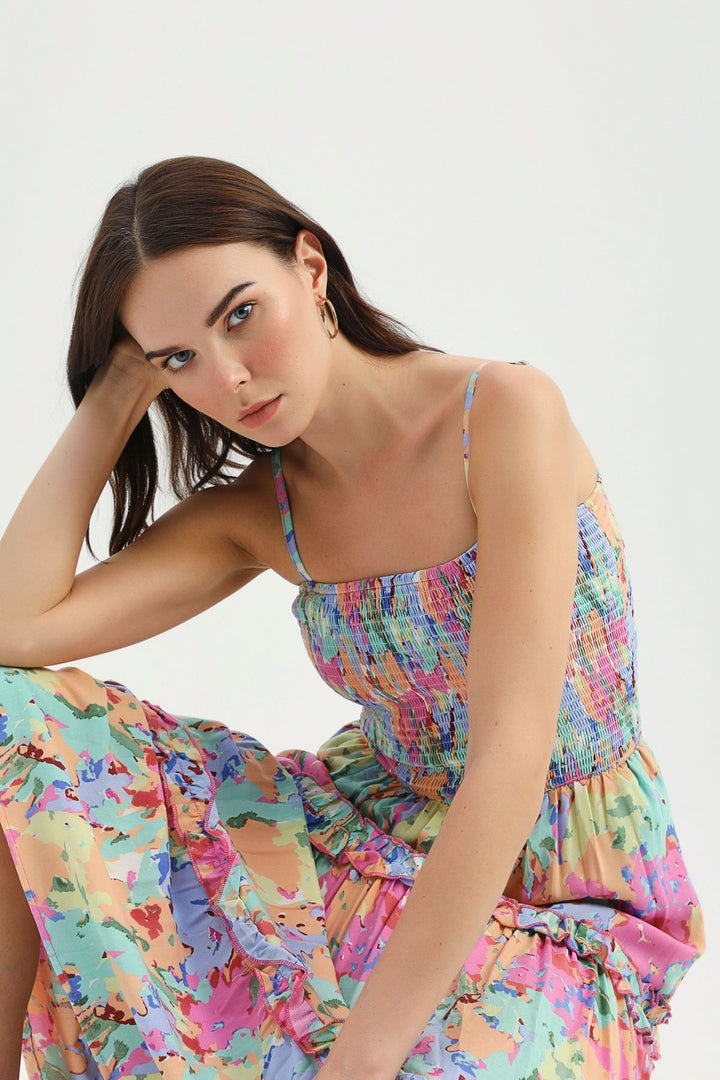 Desenli Fırfır Detaylı Askılı Elbise Açık Mavi