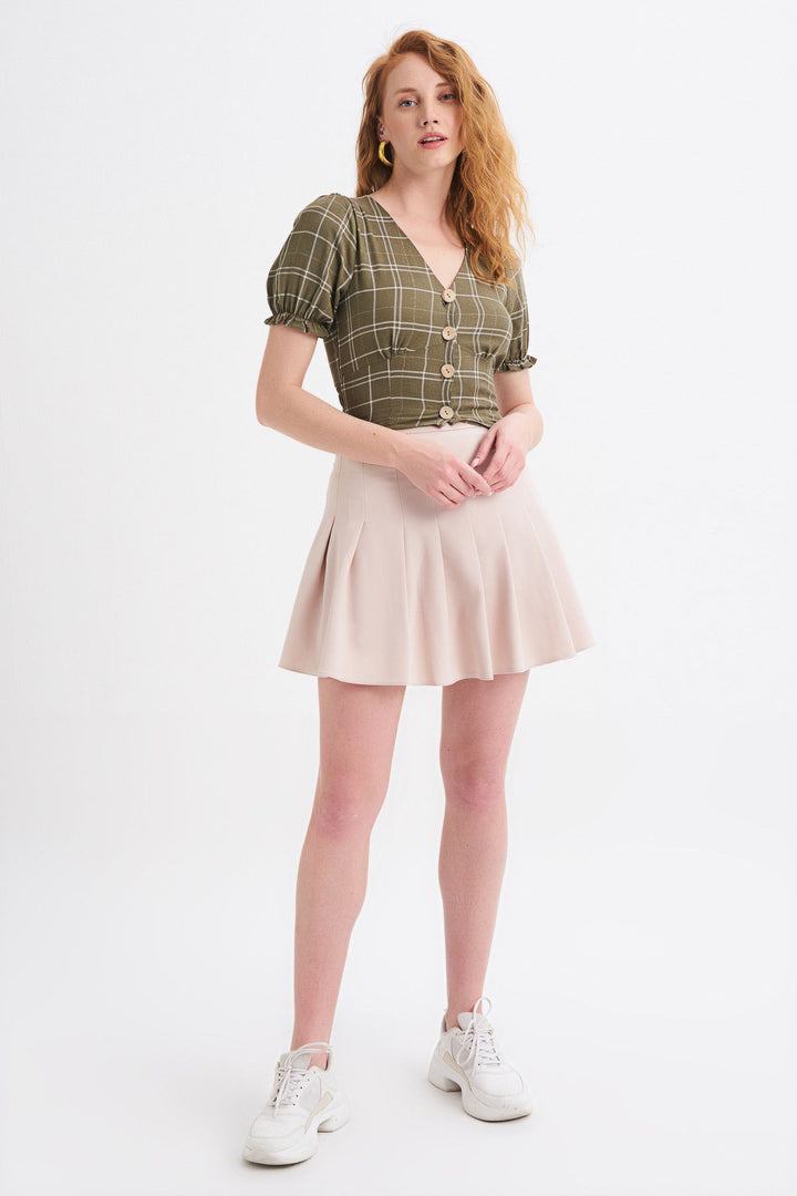 V Neck Plaid Linen Blouse Khaki