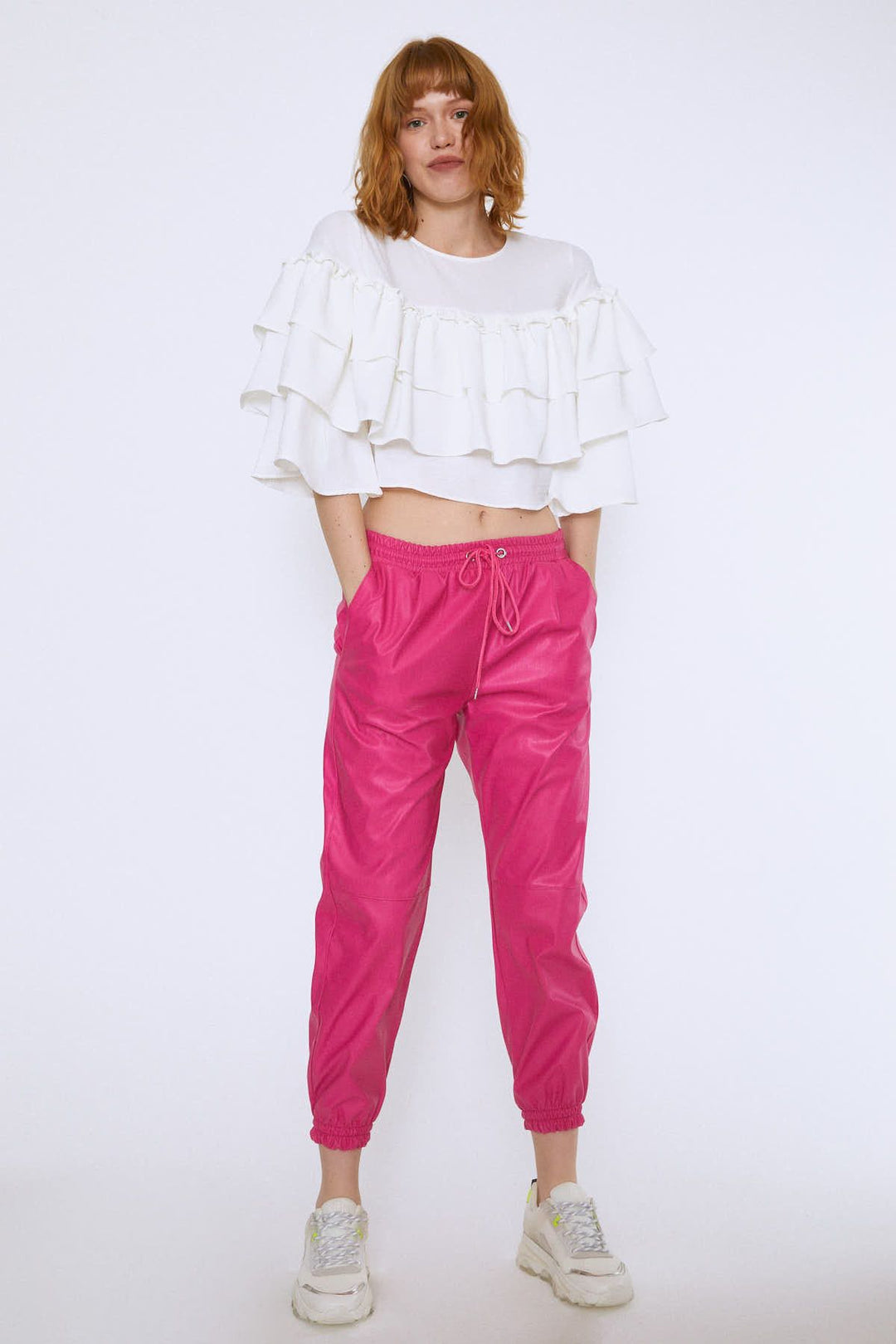 Fırfırlı Crop Bluz Ekru