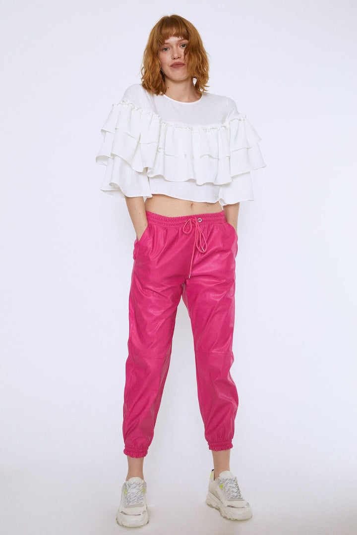 Fırfırlı Crop Bluz Ekru