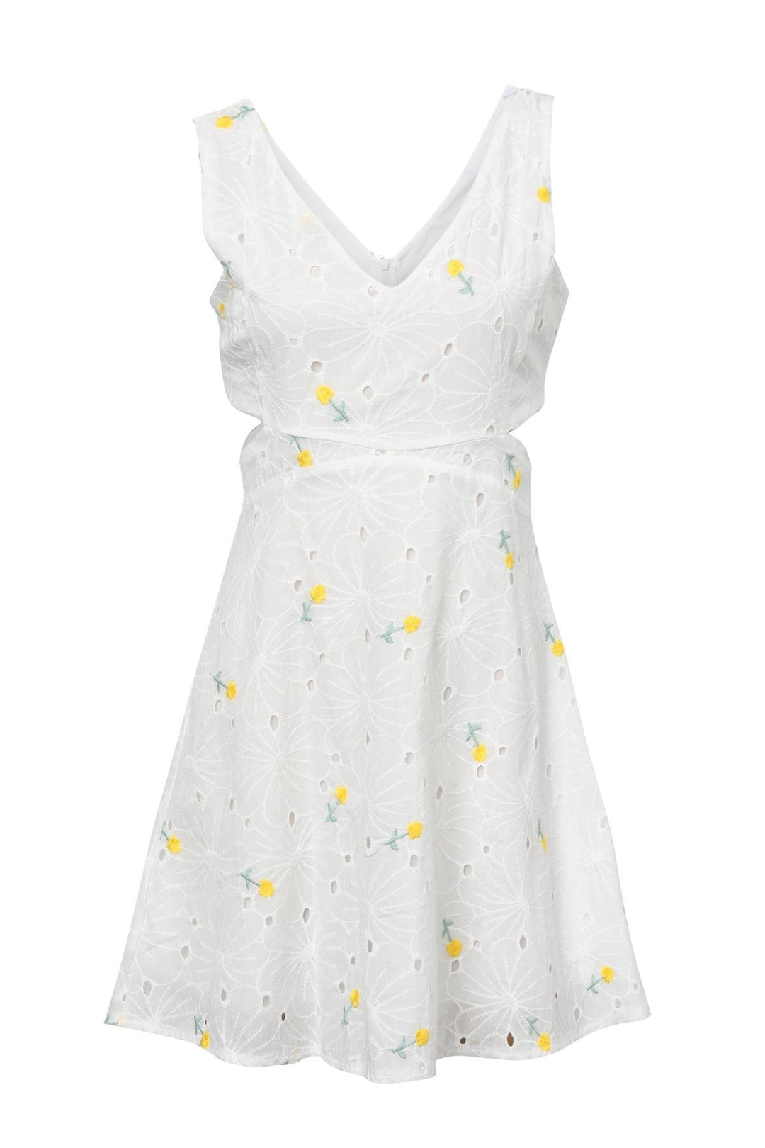 Çiçekli Dekolte Detaylı Mini Elbise Beyaz