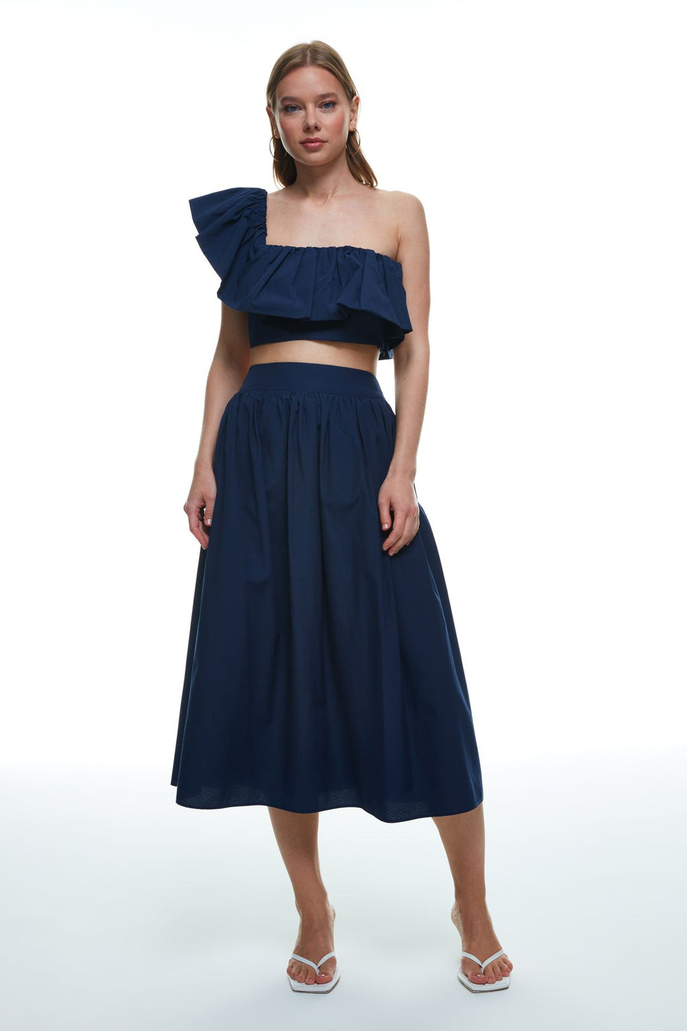 Fırfır Detaylı Tek Omuz Crop Bluz Lacivert
