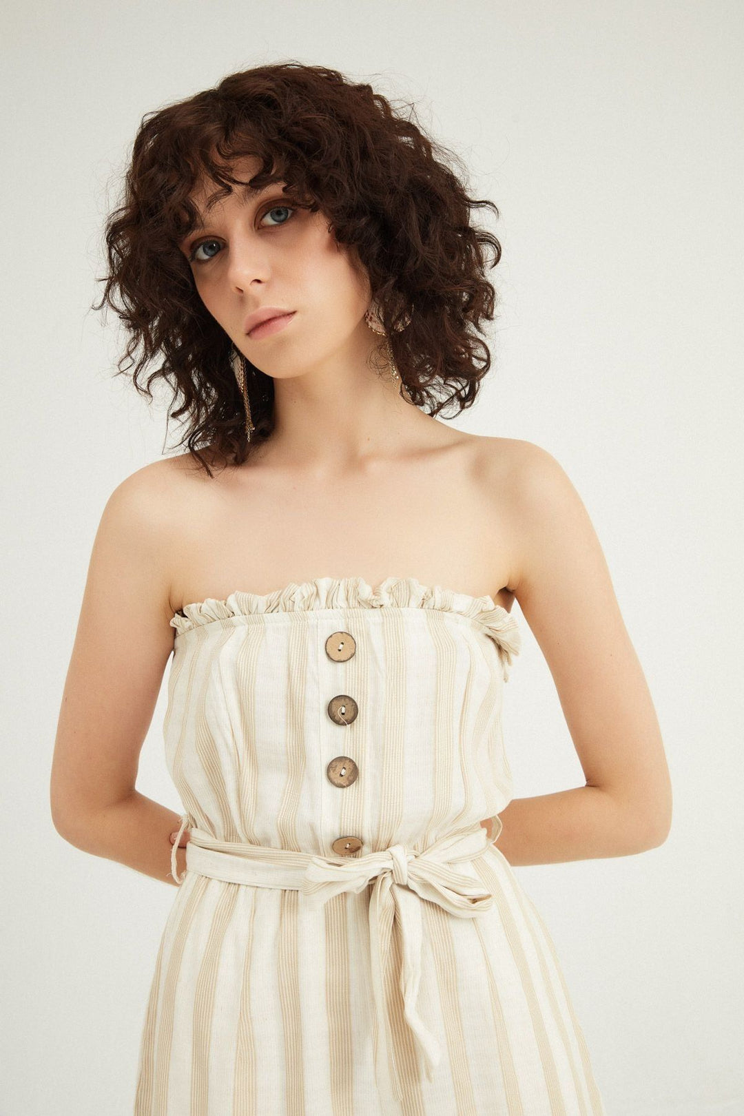 Buttoned Striped Linen Shorts Jumpsuit Beige