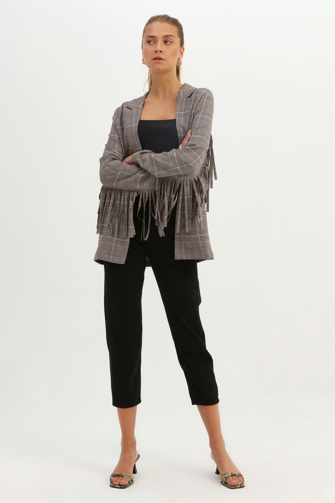 Back Tasseled Striped Blazer Jacket Gray