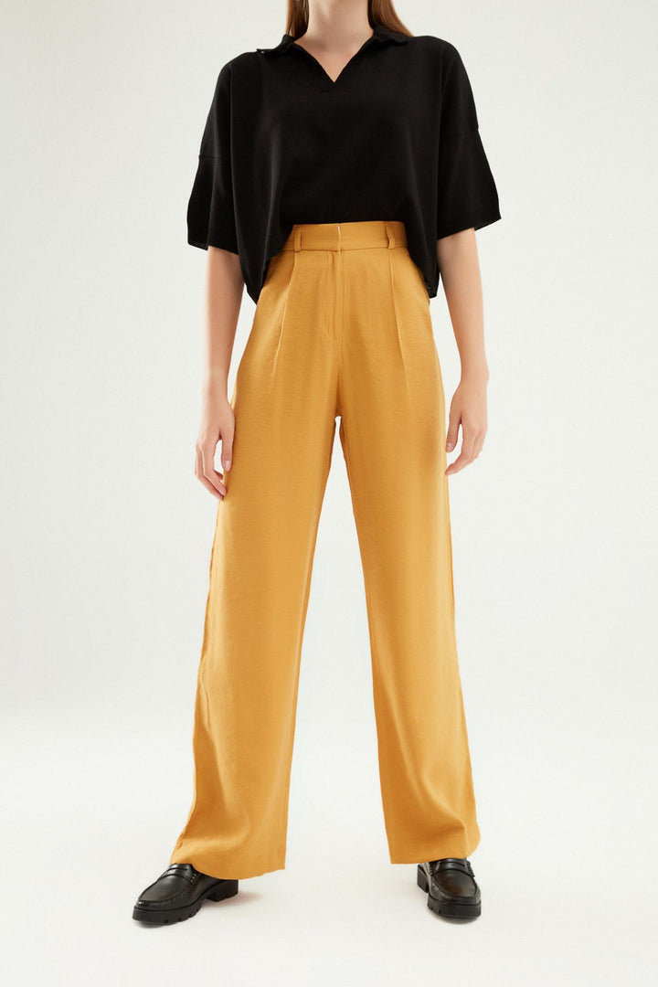 Yüksel Bel Bol Paça Pantolon Hardal