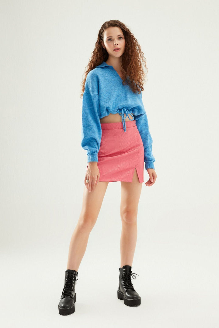 Polo Neck Waist Pleated Knitwear Blue