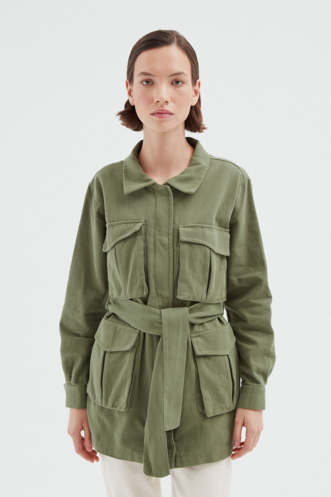 Belted Pocket Long Jacket Khaki