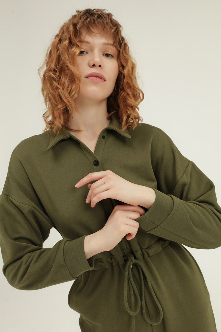 Pleated Waist Shirt Collar Jumpsuit Khaki