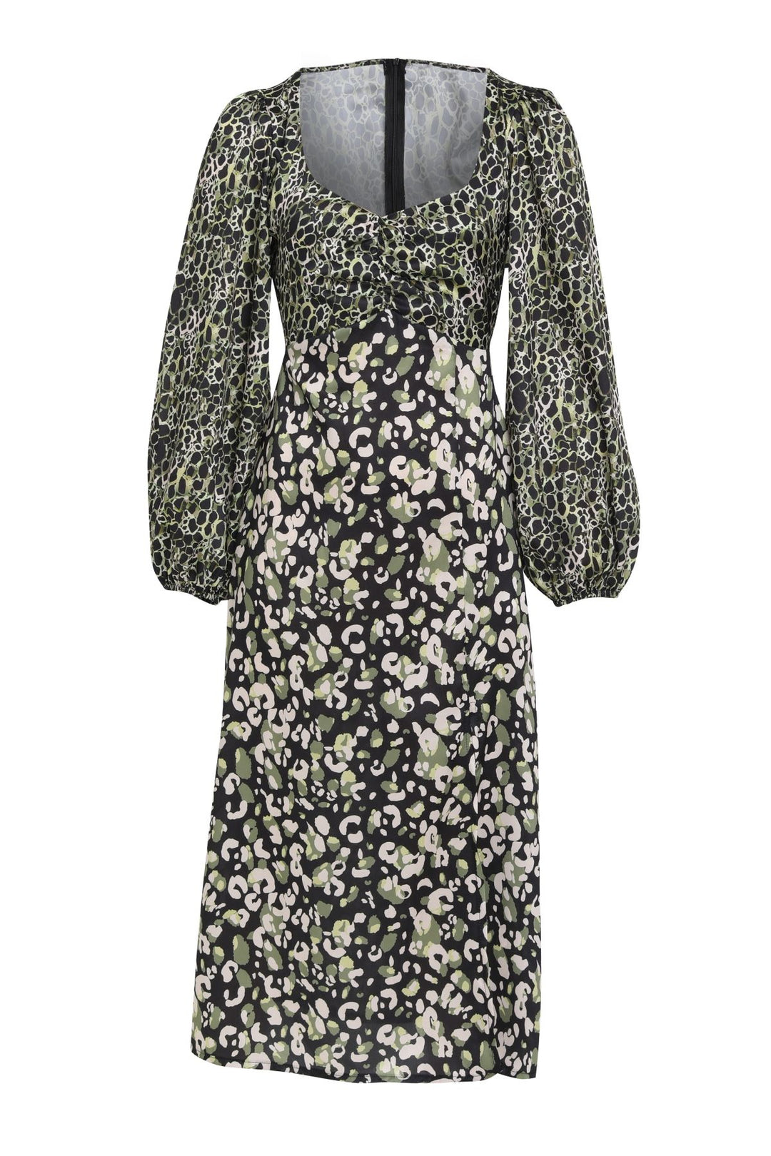 Balloon Sleeve Slit Satin Dress Green