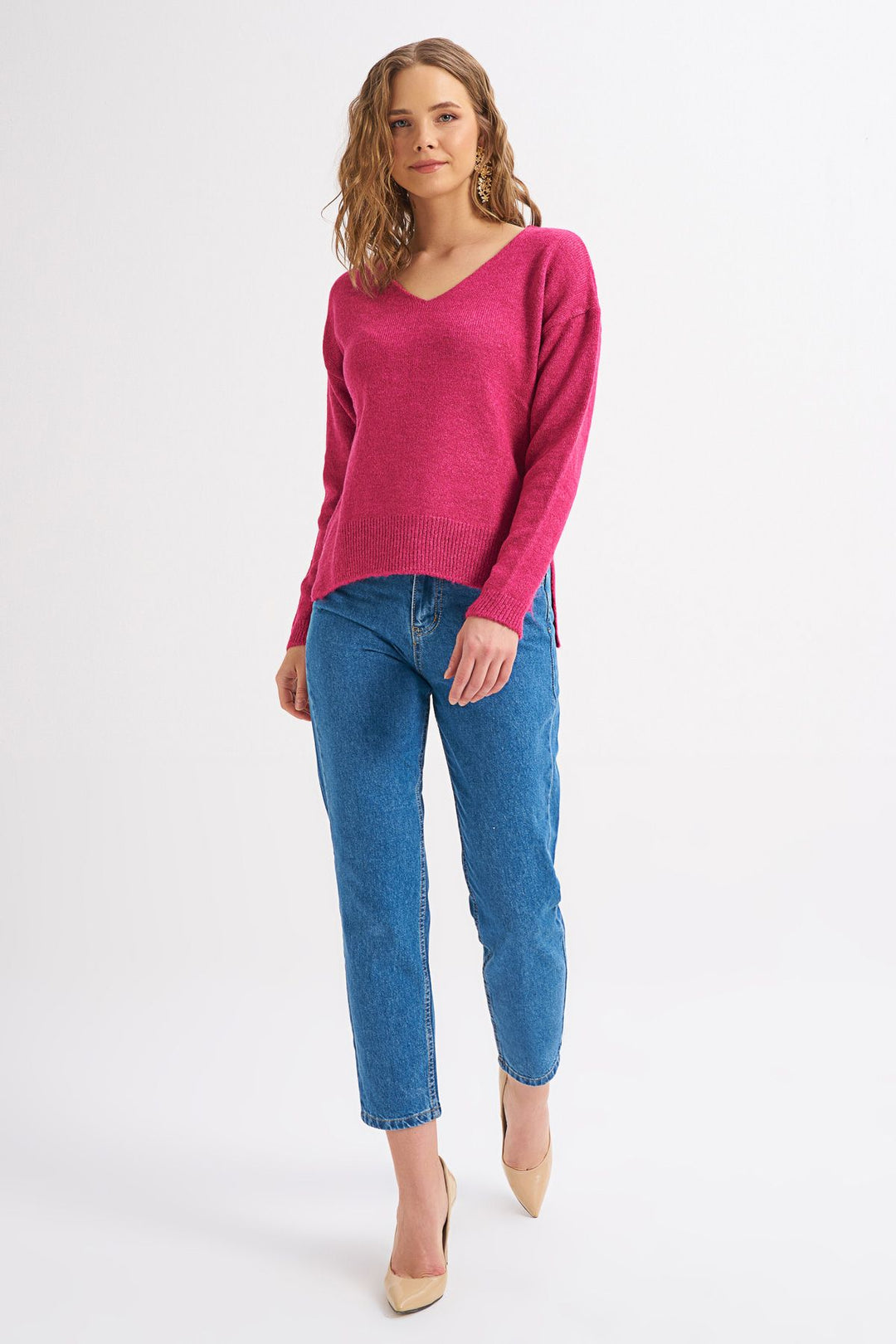 Yanları Yırtmaçlı V Yaka Kazak Fuşya