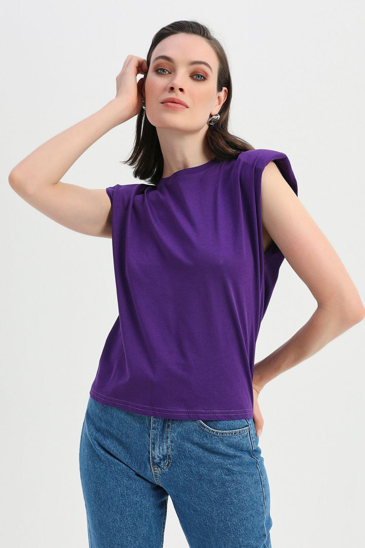 Vatkalı Kolsuz Basic Tişört Mor