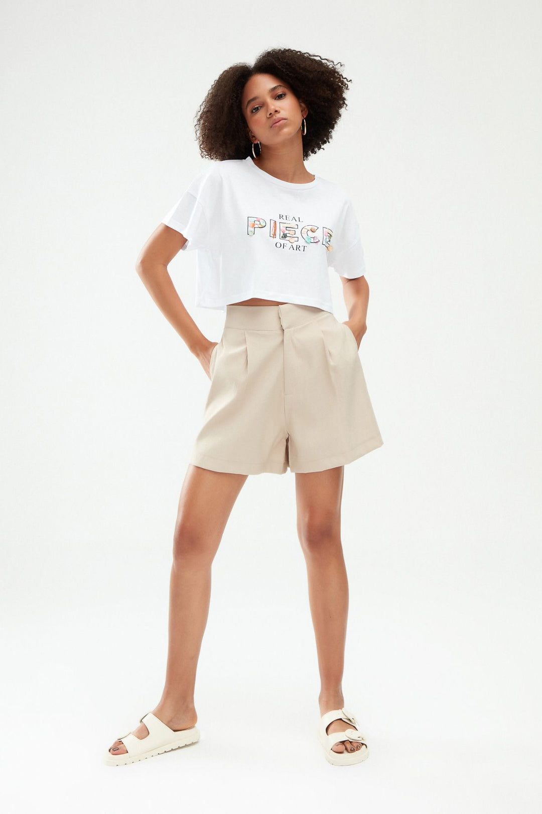 Baskılı Crop Tişört Beyaz