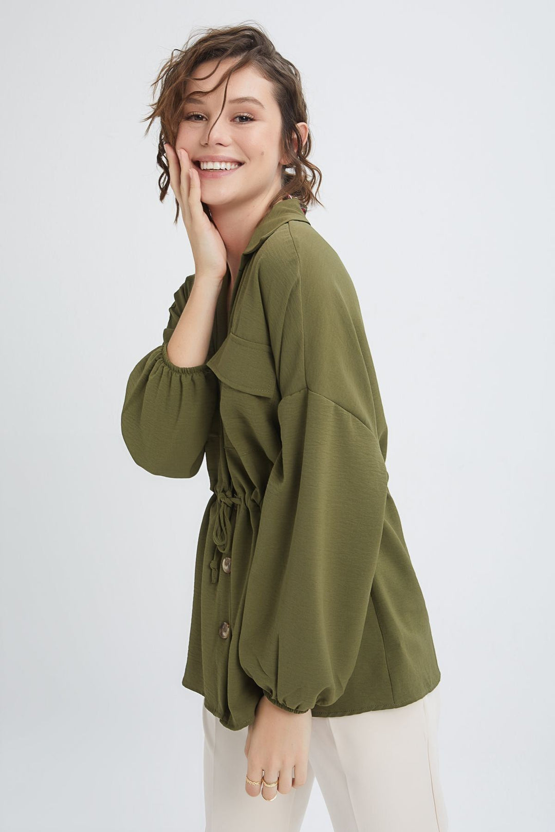 Tie Waist Pocket Shirt Khaki