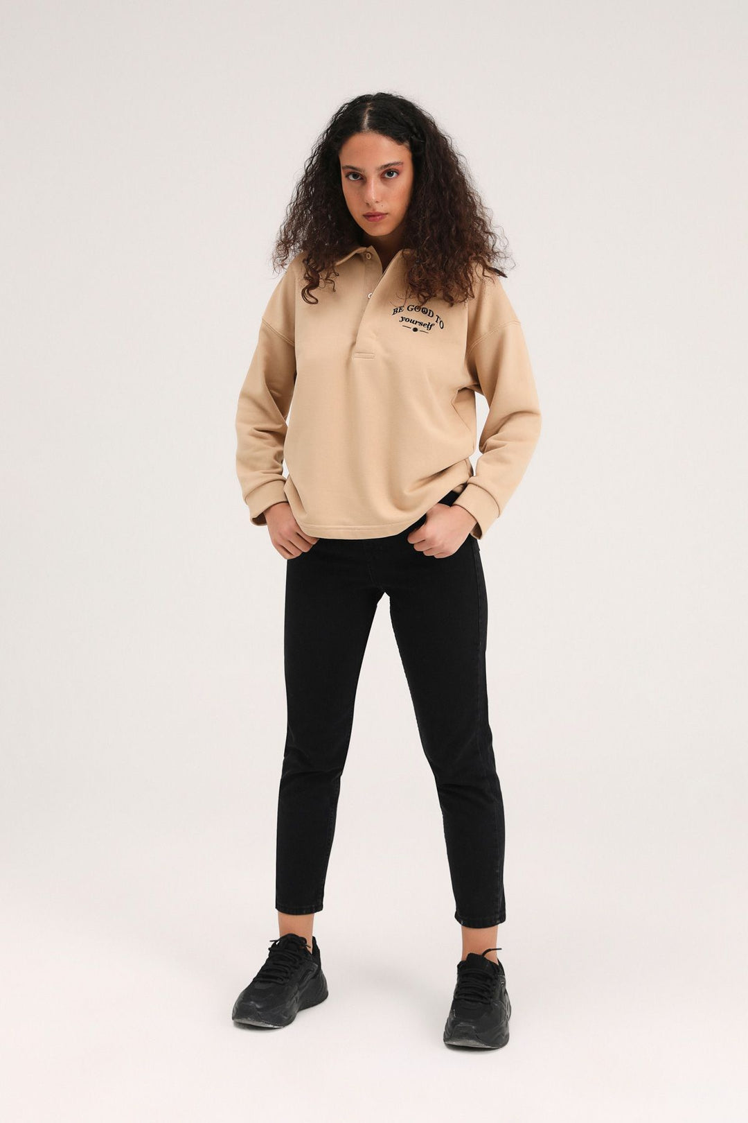 Polo Neck Sweatshirt with Slogan Dark Beige