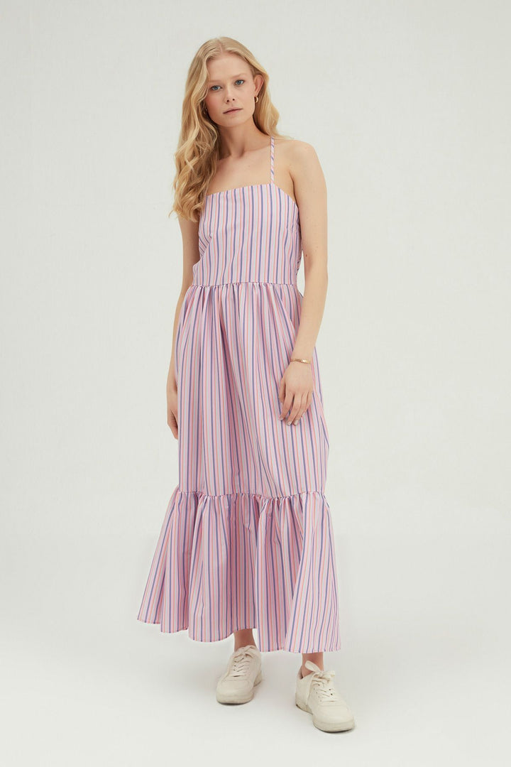 Striped Cross-Strap Long Dress Pink