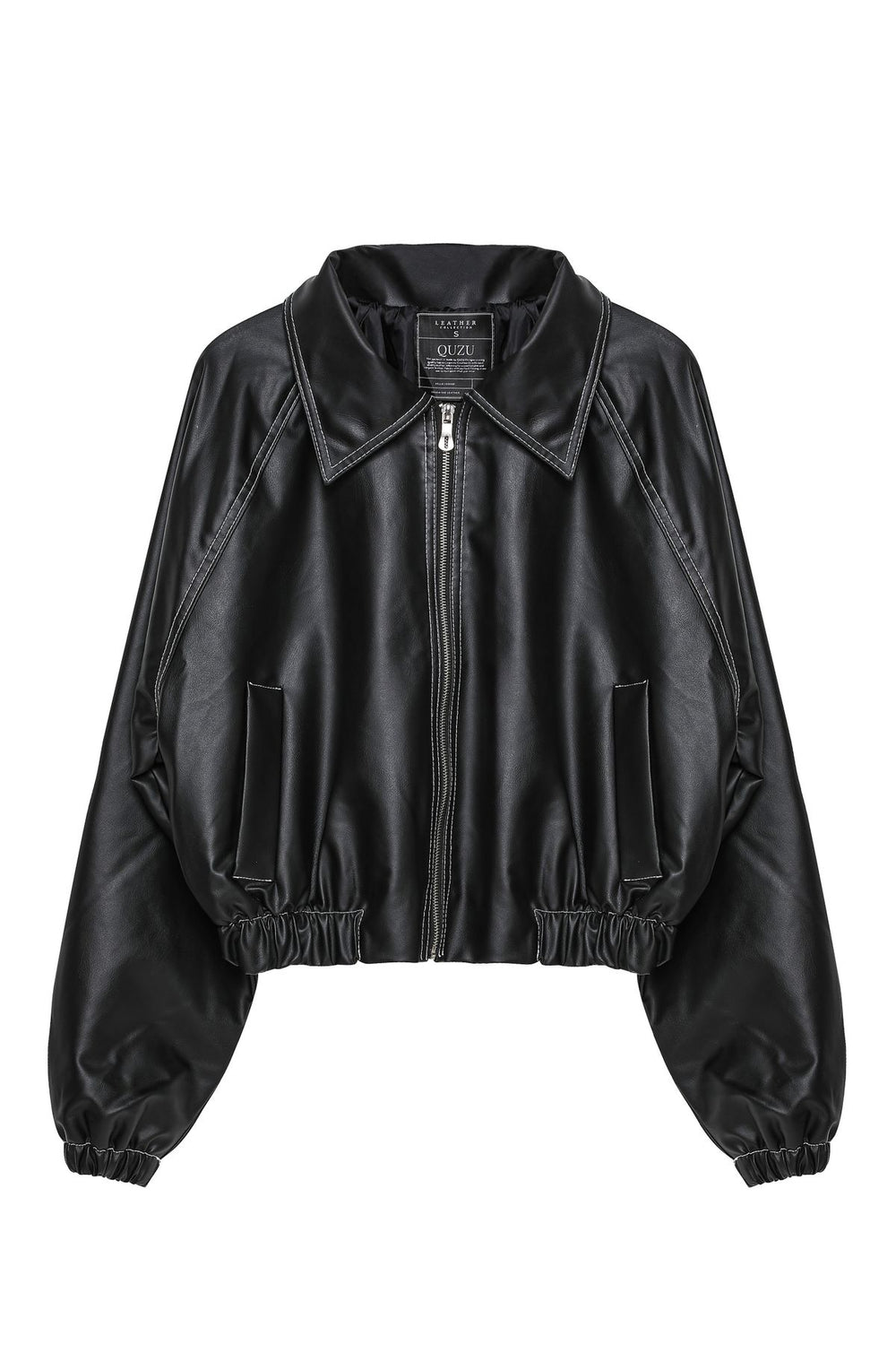 Elastic Waist Zippered Leather Jacket Black