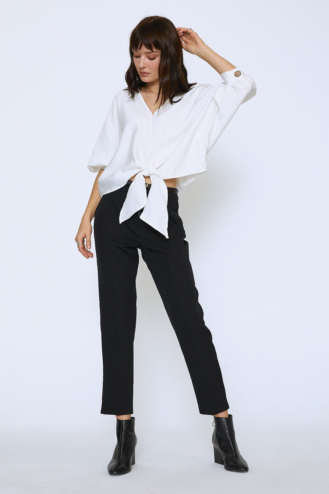 V Neck Bottom Tie Oversize Blouse Ecru