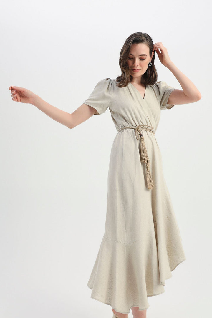 Straw Belt Double Breasted Linen Dress Natural