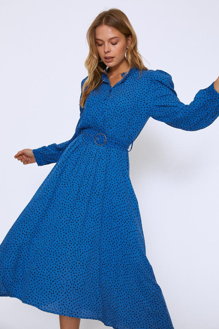 Puantiyeli Hakim Yaka Elbise Sax